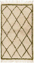 Handmade Moroccan Berber Area Rug 6' x 9', 100% Wool High Pile Shag, Beni Ourain Style, Ivory/Cream with Green