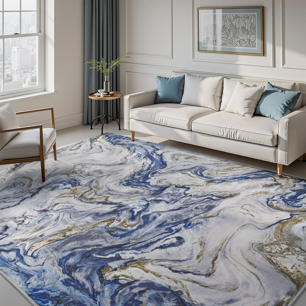 Abstract Area Rug, Washable Non-Slip Low Pile, Marble Blue