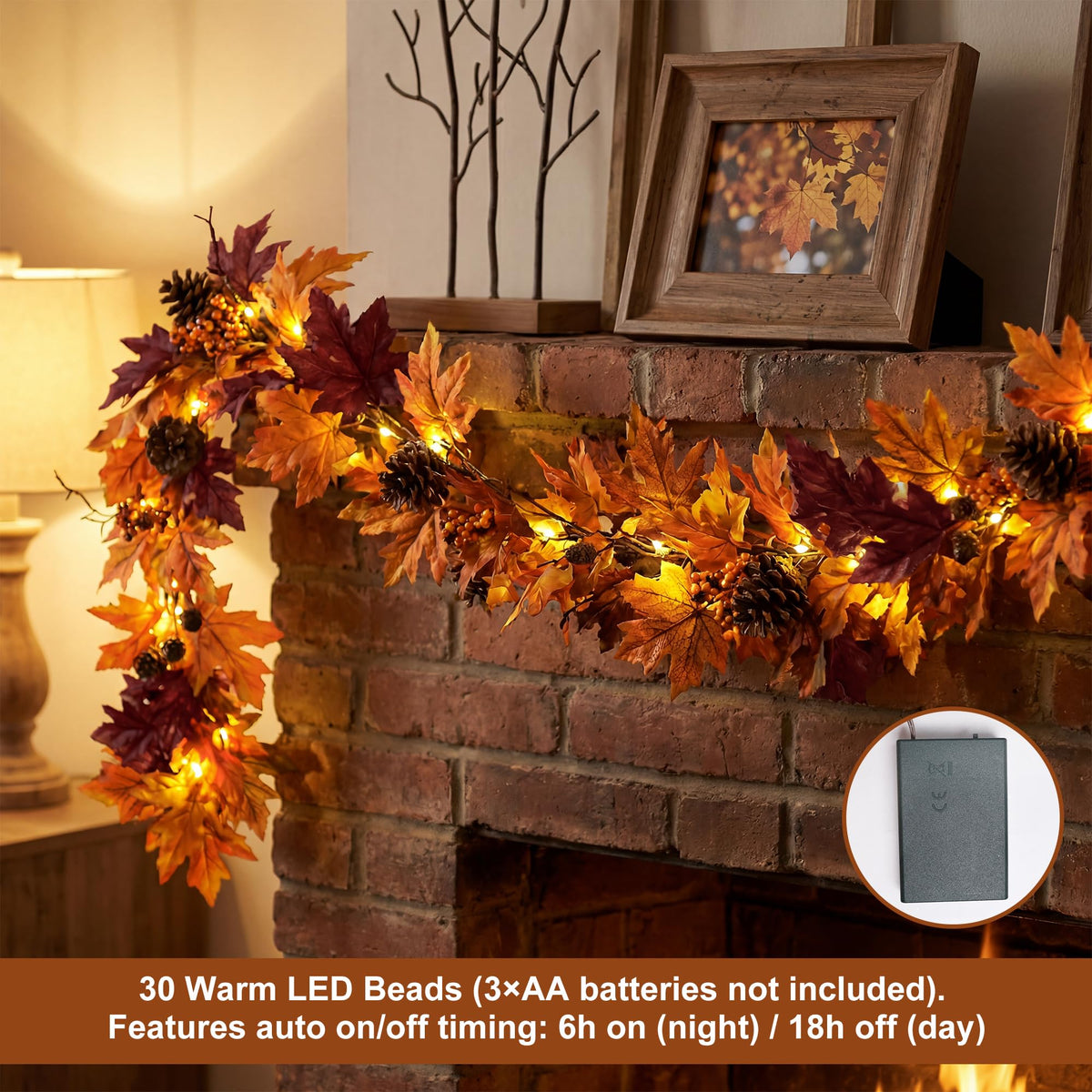 6Ft Fall Garland with 30 Lights & Timer Mantle Decor