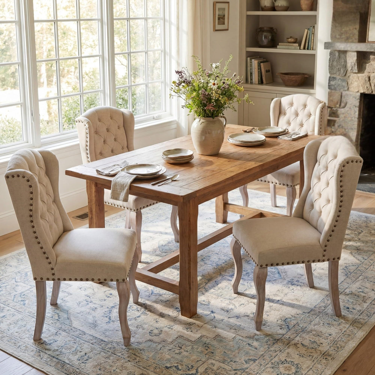 High Back Parsons Set of 2, Tufted Wingback Upholstered French Country Chairs with Nailhead Trim /Dining/Living