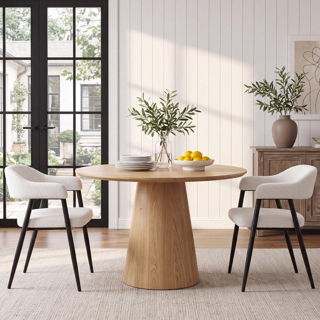 Modern Dining Room Arm Chairs Set of 2, Mid-Century White Faux Sherpa Boucle Upholstered Barrel with Arms, Black