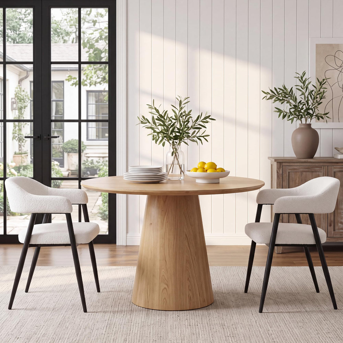 Modern Dining Room Arm Chairs Set of 2, Mid-Century White Faux Sherpa Boucle Upholstered Barrel with Arms, Black