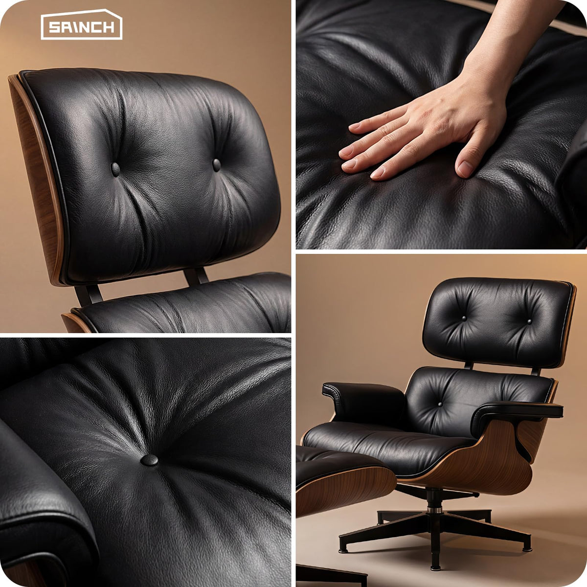 Tumbled Top-Grain Cowhide Leather Chaise Lounge Chair with Ottoman