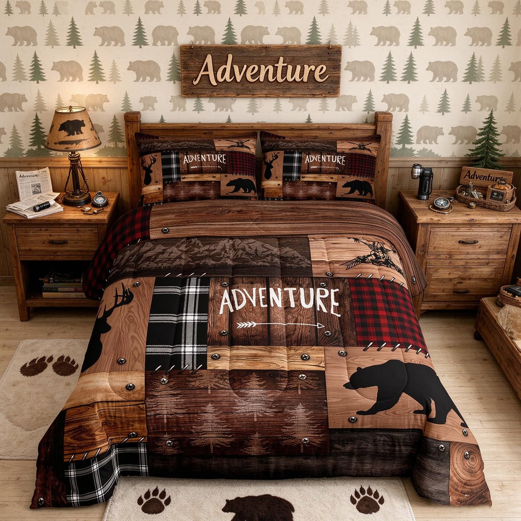 Cabin Comforter Set Brown Adventure Bear Quilt with 2 Pillowcases