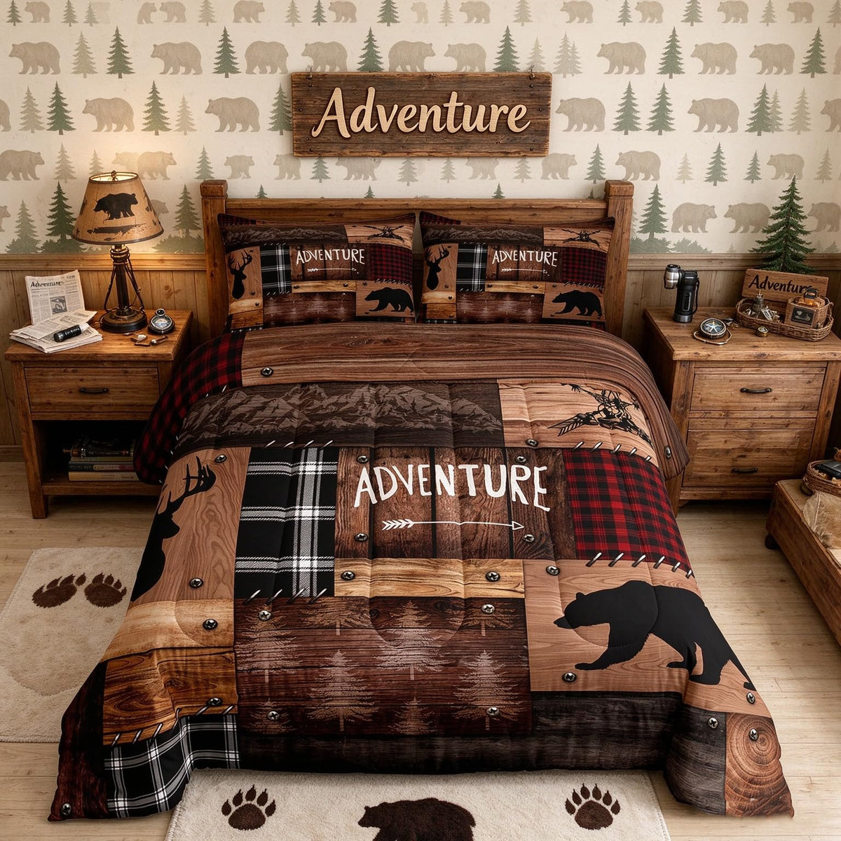 Cabin Comforter Set Brown Adventure Bear Quilt with 2 Pillowcases