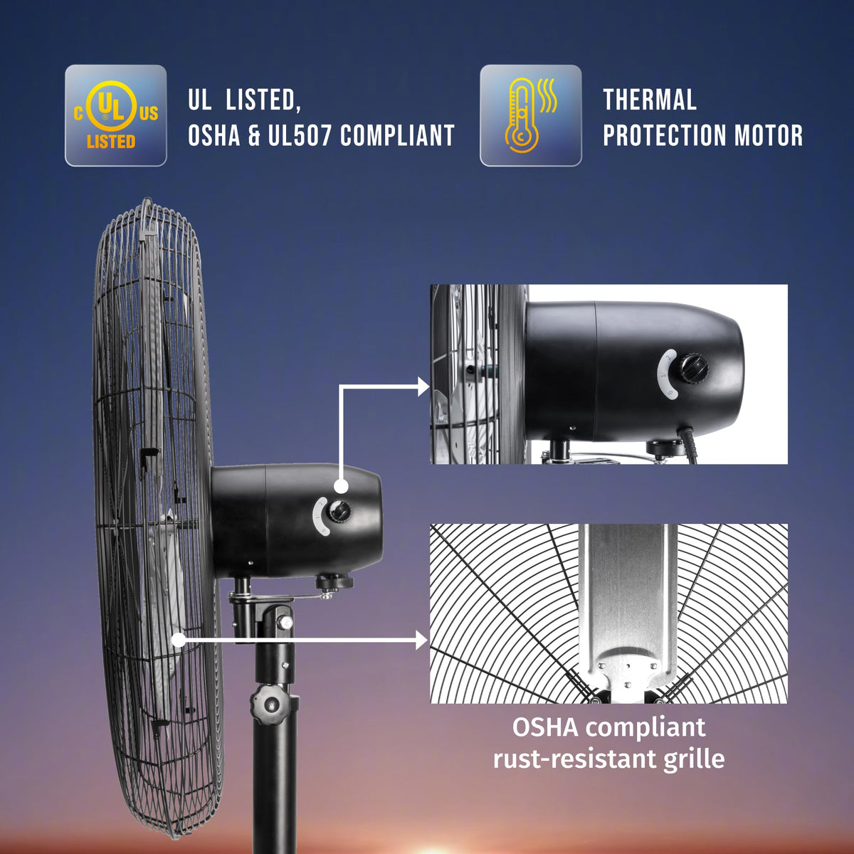 30 Inch High Velocity Pedestal Fan, 8850 CFM, Oscillating, 3 Aluminum Blades, UL Listed for Commercial and Industrial