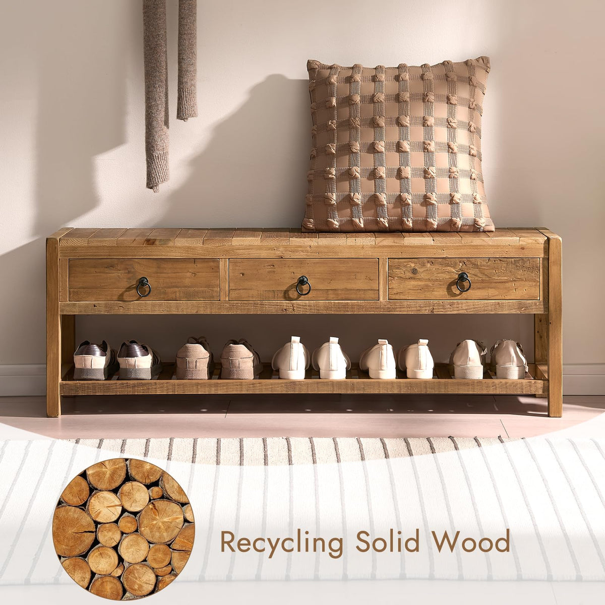45.2" Reclaimed Solid Wood Entryway Storage Bench