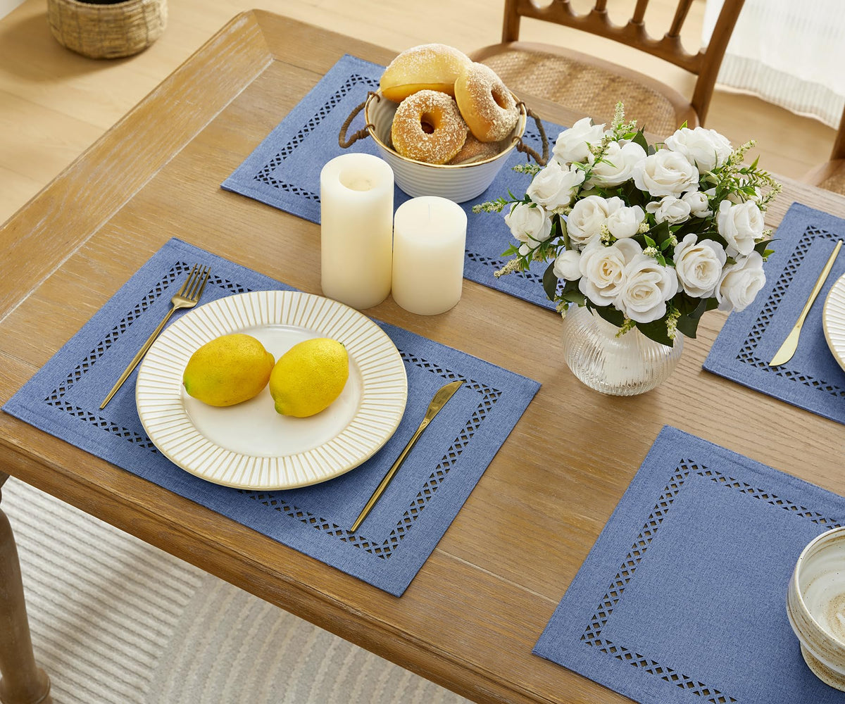 Farmhouse Burlap Place Mats, Blue Placemats Set of 6, 12 x 18 Inch