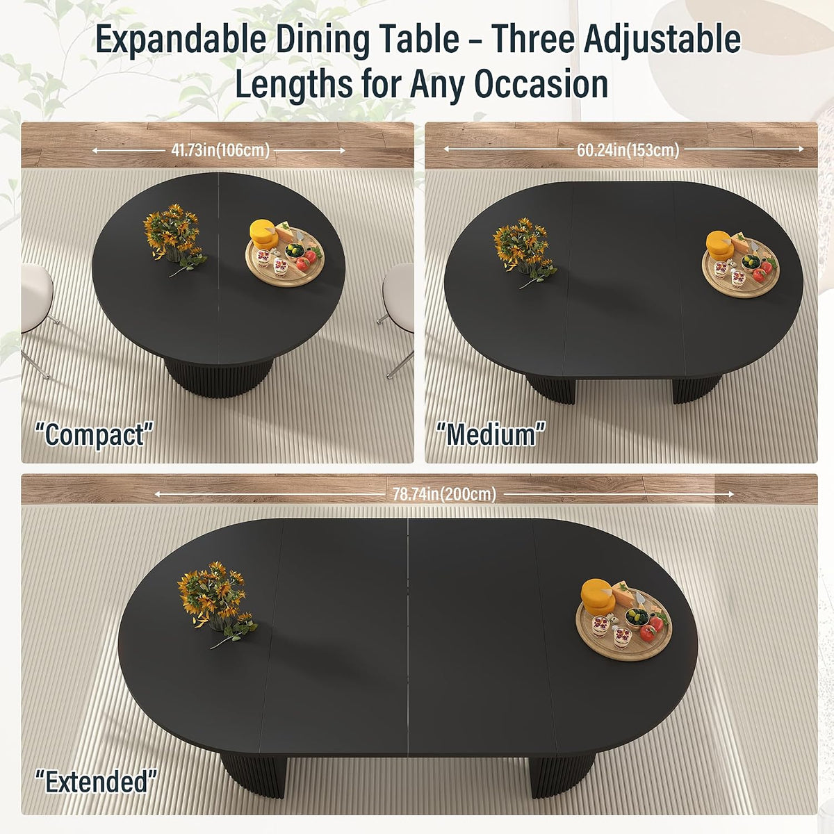 41 in-78 in Extendable Dining Room Table for 4-8, Round Expandable Kitchen Table with Fluted Base, Modern Oval Dinner