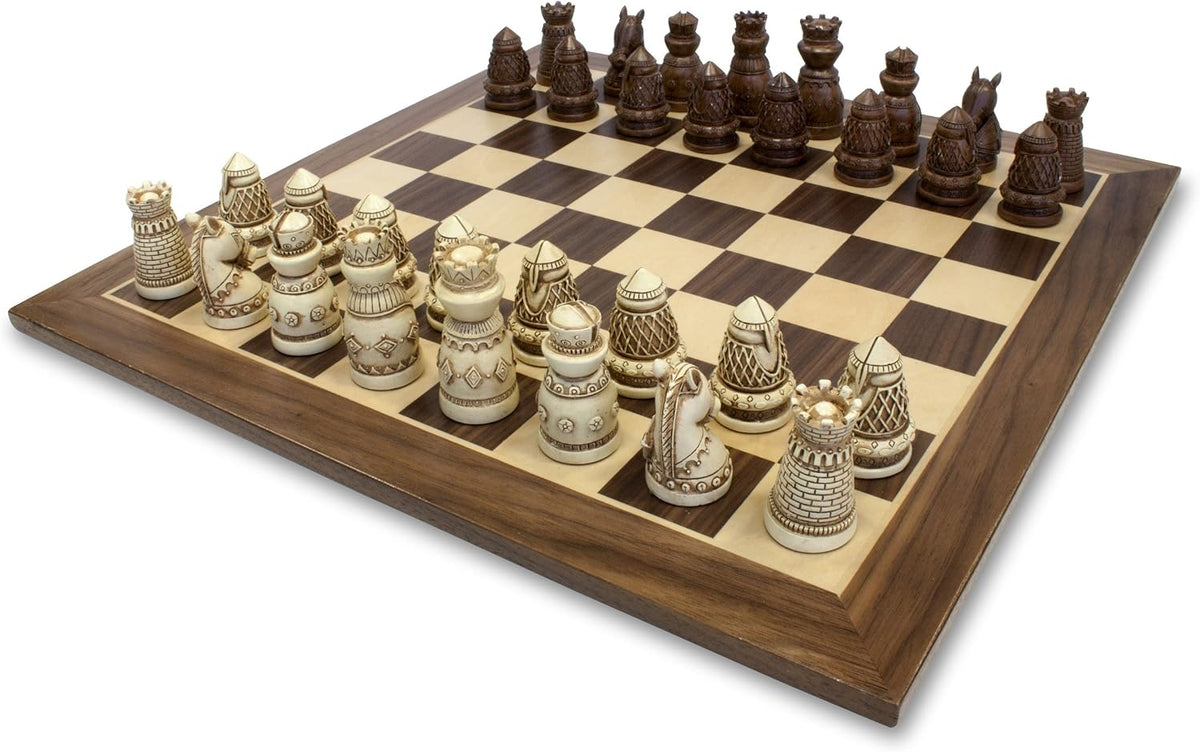 Medieval Themed Chess Set - Wooden Chess Board with Intricate Polystone Chess Pieces, Chess Sets for Adults, 15 in.