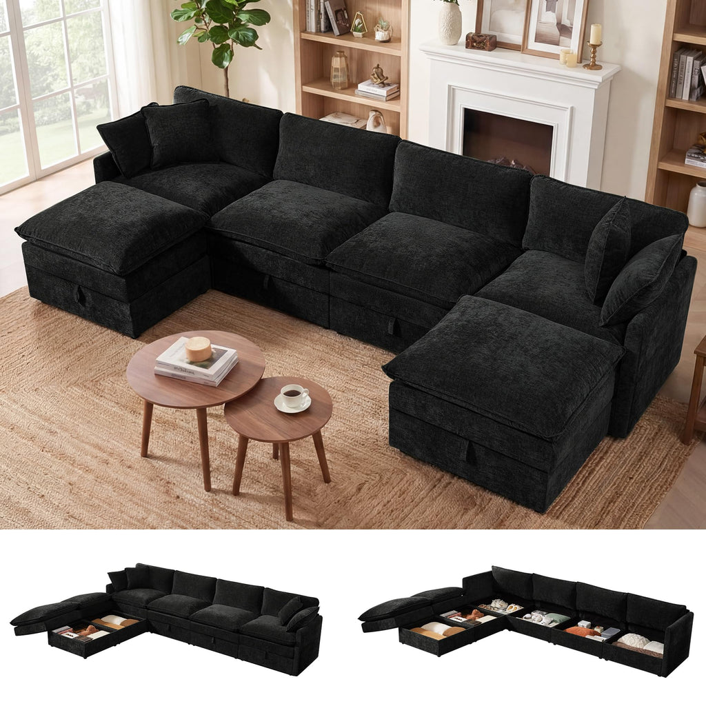 Modular Sectional Sofa with Storage Ottomans, 135" U-Shaped Cloud Couch, Comfy Modern Couches with Pillows &