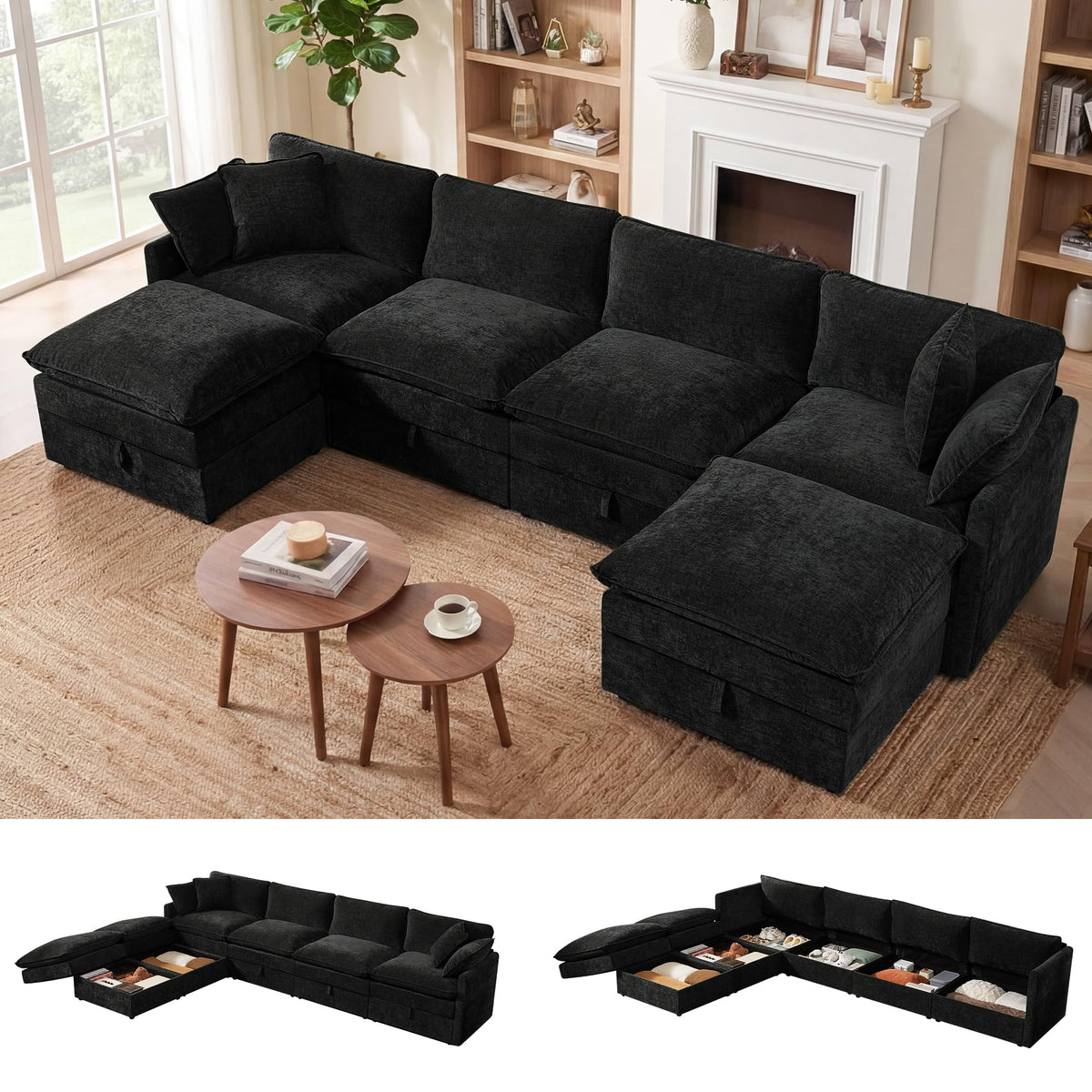 Modular Sectional Sofa with Storage Ottomans, 135" U-Shaped Cloud Couch, Comfy Modern Couches with Pillows &
