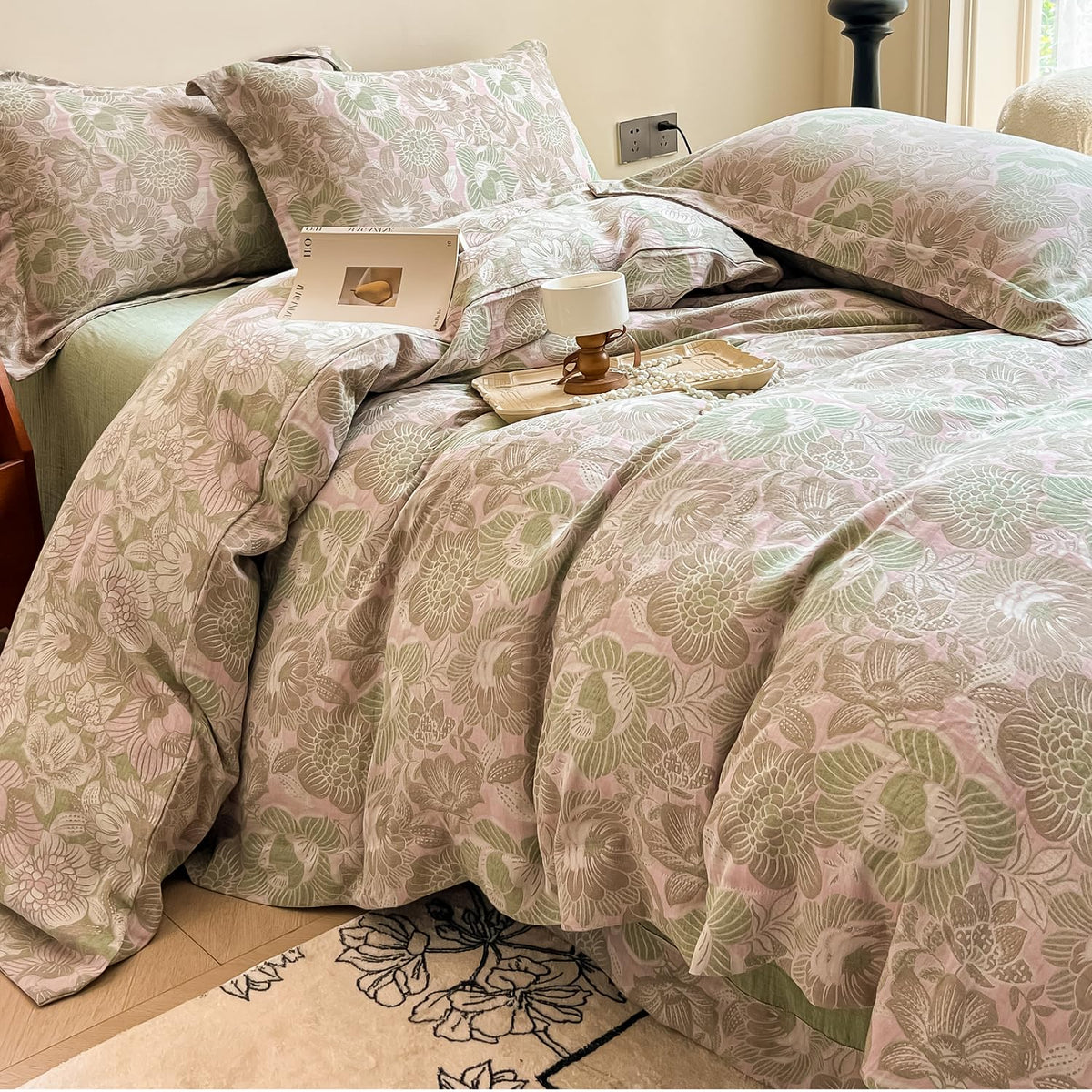 Jacquard Floral Duvet Cover King Retro Pink Green Flower Duvet Cover Yarn-Dyed Textured Cotton Jacquard Bedding