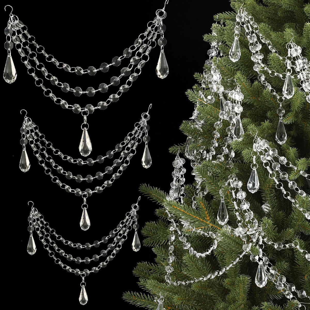 12 Pcs 3-Layer Crystal Garland for Christmas Tree 20in 16in 12in 3-Layer Acrylic Bead Garland Hanging Christmas