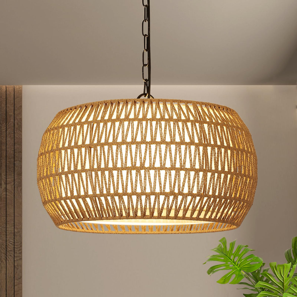 Rattan Farmhouse Chandelier Light Fixtures, 5-Lights Boho Large Pendant Light, Hand Woven Chandeliers with Fabric