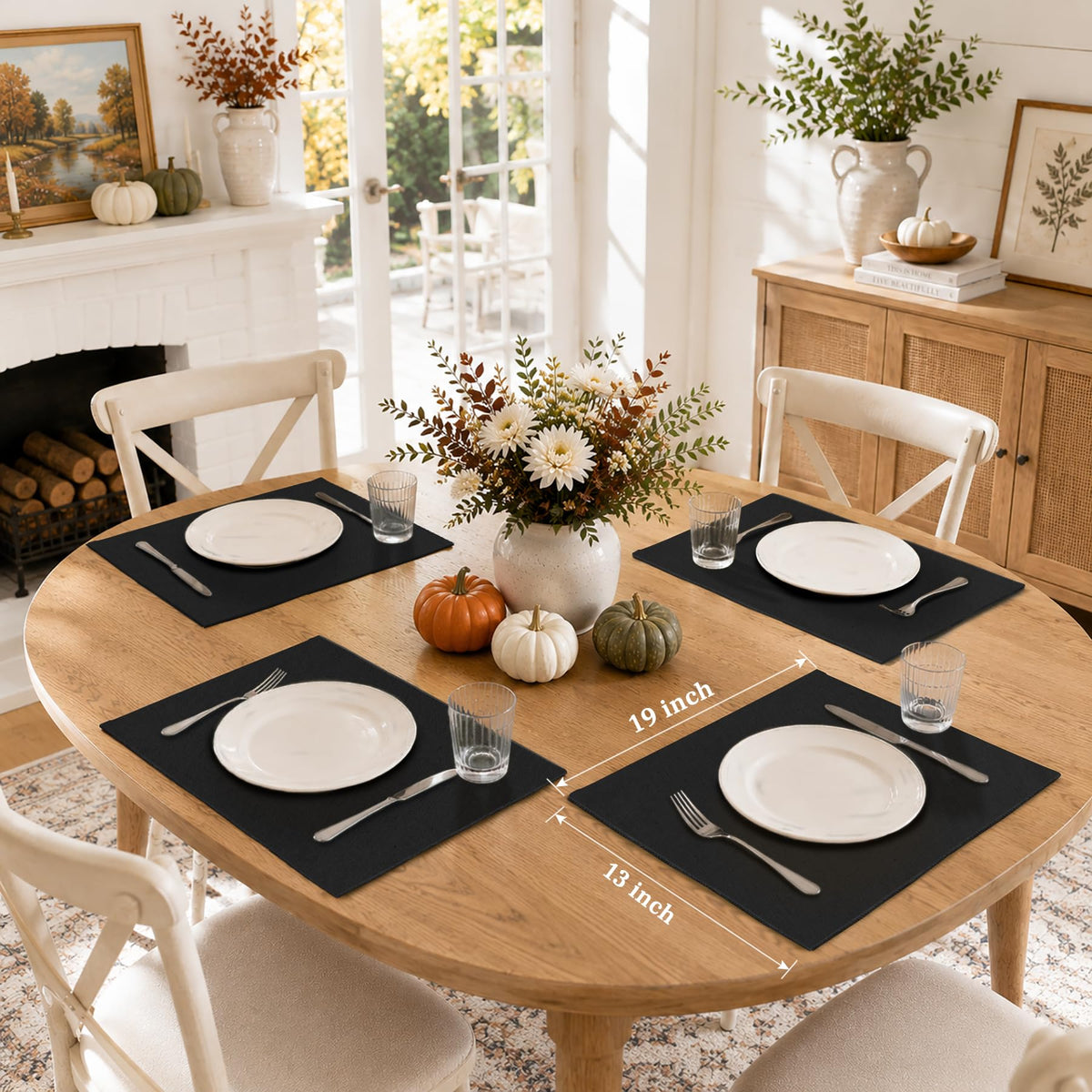 Black Cloth Placemats Set of 4, Faux Linen Cotton Table Place Mats
