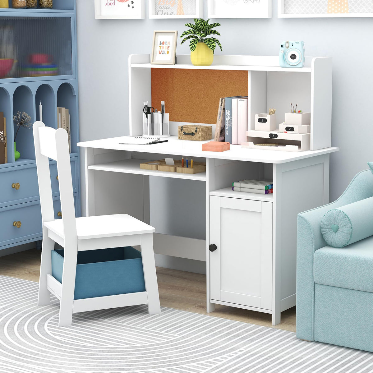 Kids Desk and Chair Set, Kids Desk Chair with Storage, White