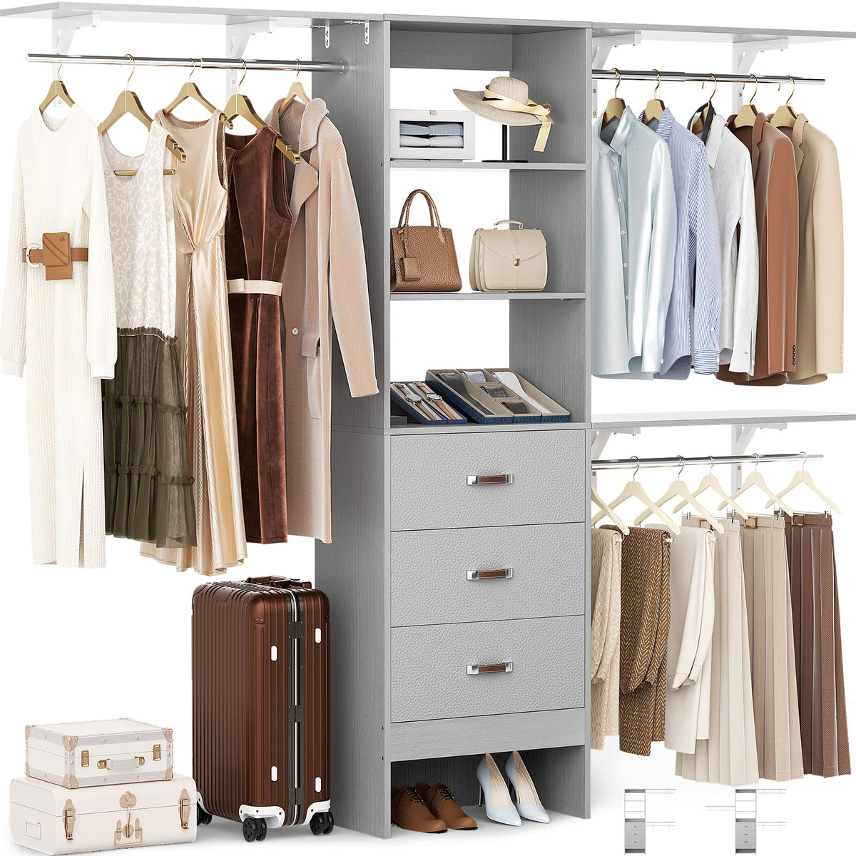 Closet System with Drawer - 8FT Wood Closet Organizer System with 3 Hanging Rods and Shelving Tower, 96" Walk In