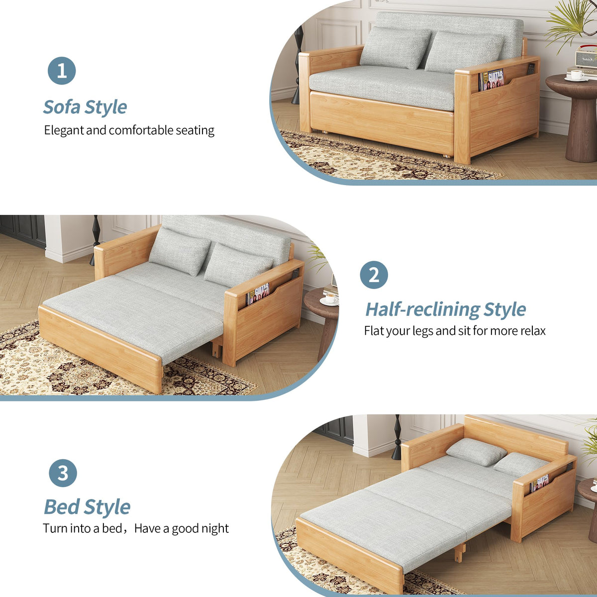 48" Grey 3-in-1 Sectional Sleeper Sofa w/Stor & Rev Chaise, Wooden Frame