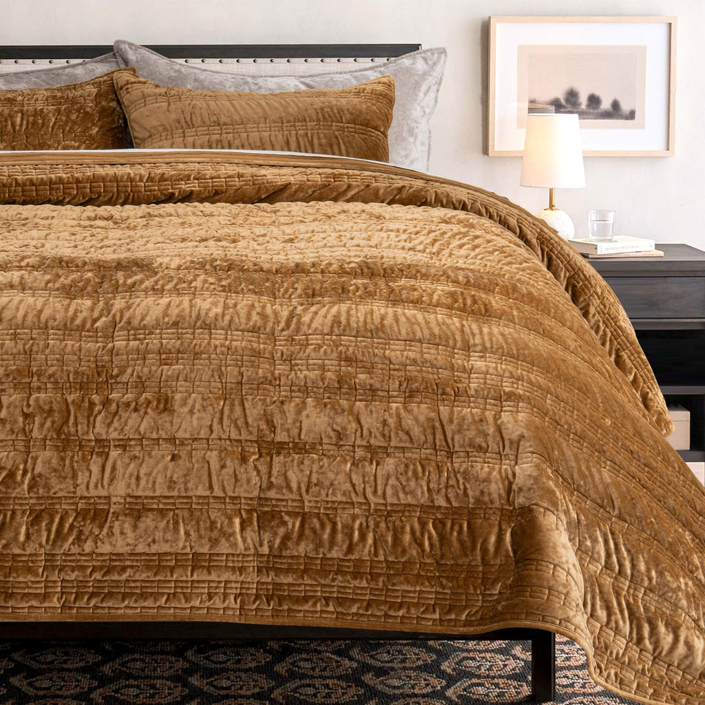 Ruched Lightweight Velvet Quilt Set, King Size, Gold Yellow