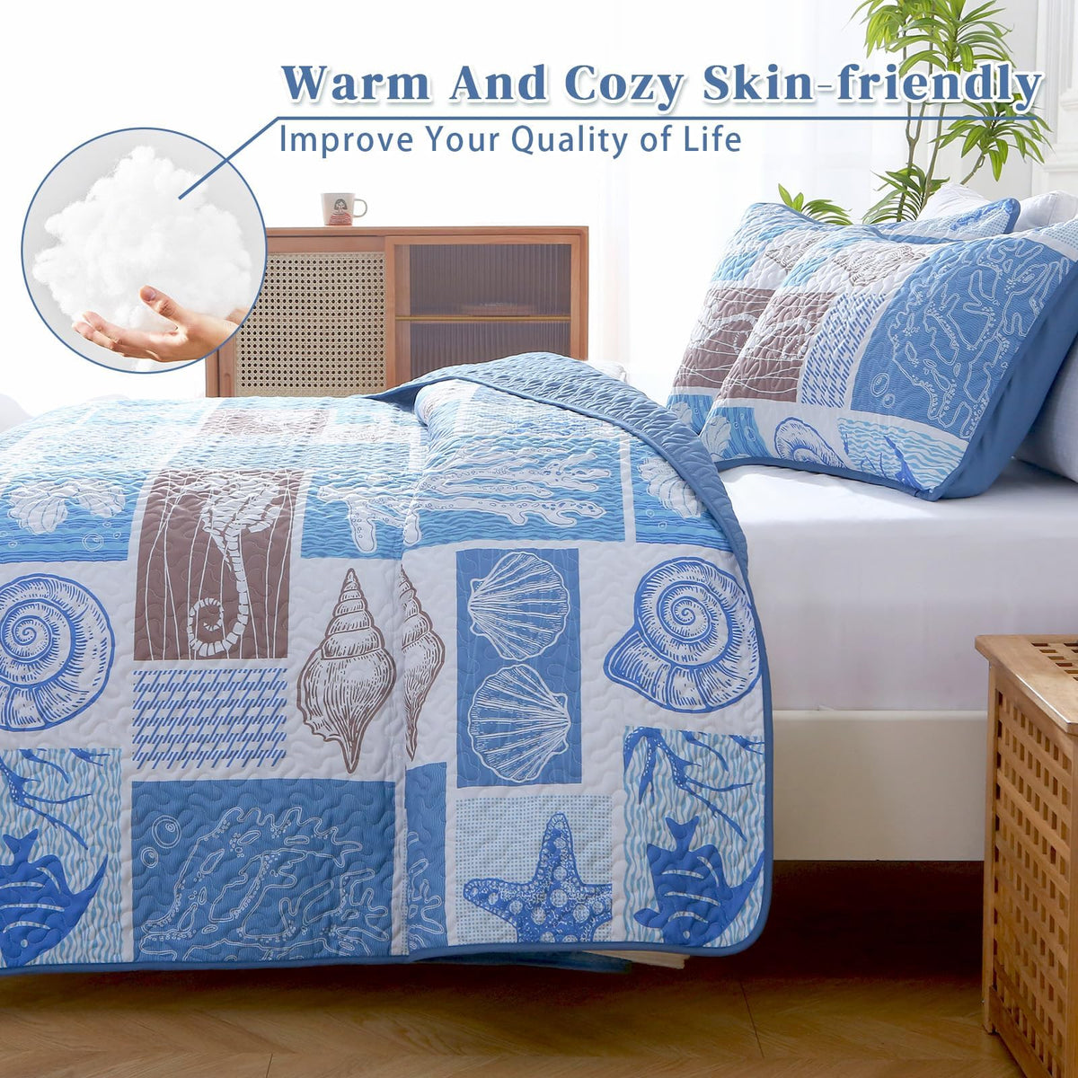 Coastal Quilt Set, Beach Coverlet Blue Starfish Coral Seashell Bedspread, Ocean Beach Themed Bed Cover