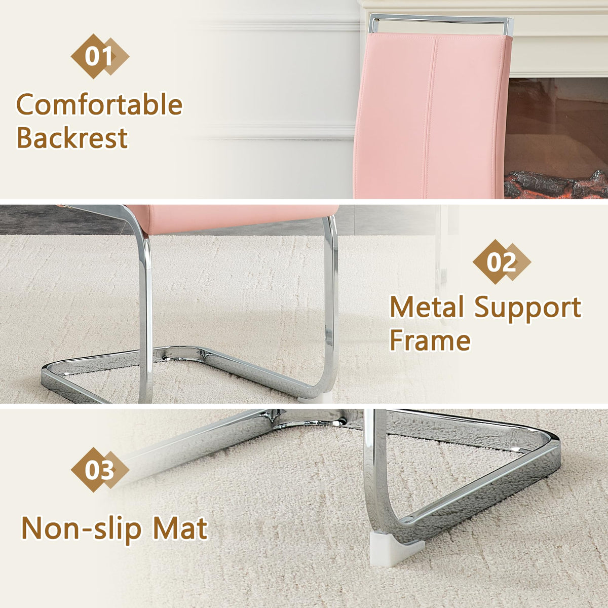 Modern Dining Chairs Set of 8, Side Dining Room Chairs, High Back Kitchen Chairs with Faux Leather Padded Seat Pink