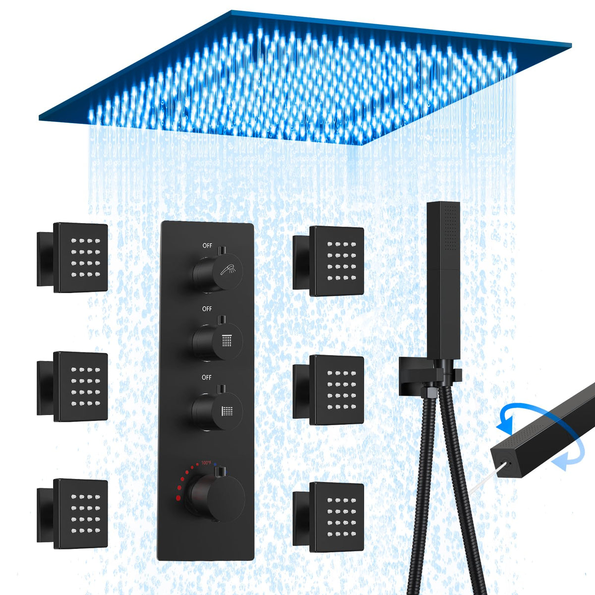 20" LED Ceiling Shower System with 6 Jets & Handheld, Matte Black