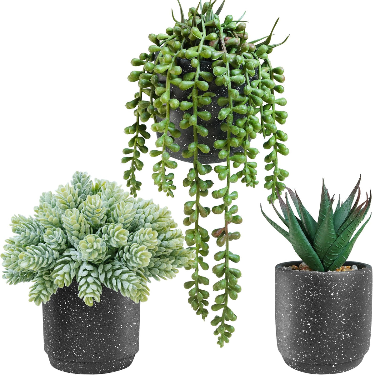 3-Pack Artificial Potted Succulent Plants - Aloe, Hops, String of Pearls - Realistic Faux Plants in Black Cement Pots
