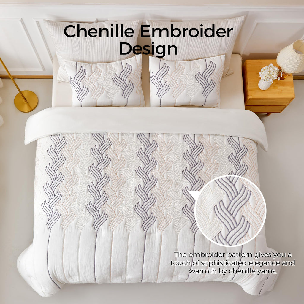 Boho Tufted King Size Comforter Set, Shabby Chic, Ivory White