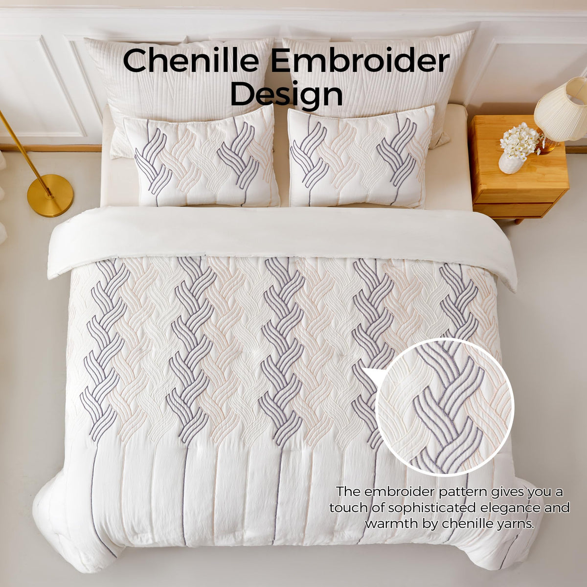 Boho Tufted King Size Comforter Set, Shabby Chic, Ivory White
