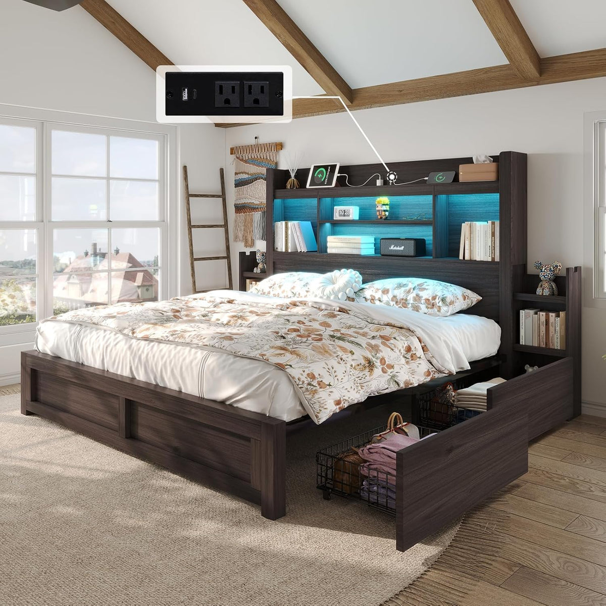 Bed Frame with Bookcase Headboard & Storage, Rustic, Black