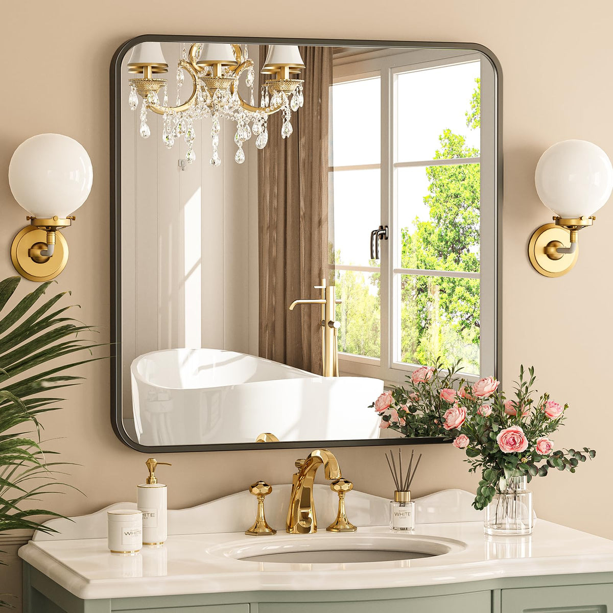 24x24 Black Square Mirror, Rectangle Bathroom Mirrors for Over Sink