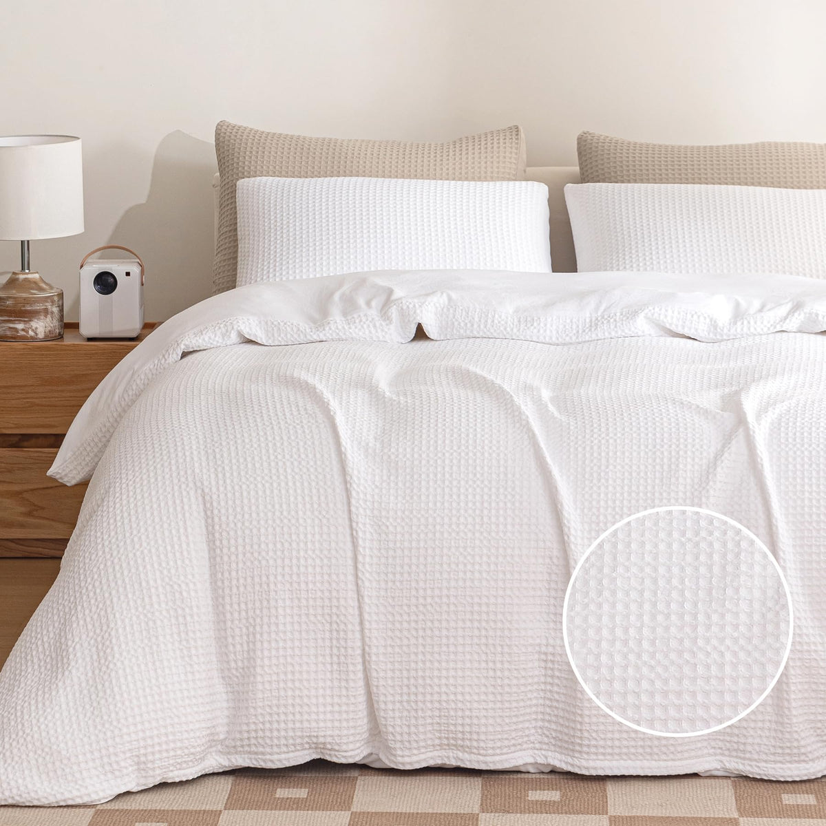 Waffle Duvet Cover Soft Breathable Cooling Luxury 3 Pcs Bedding Set with 1 Waffle Weave Duvet Cover and 2
