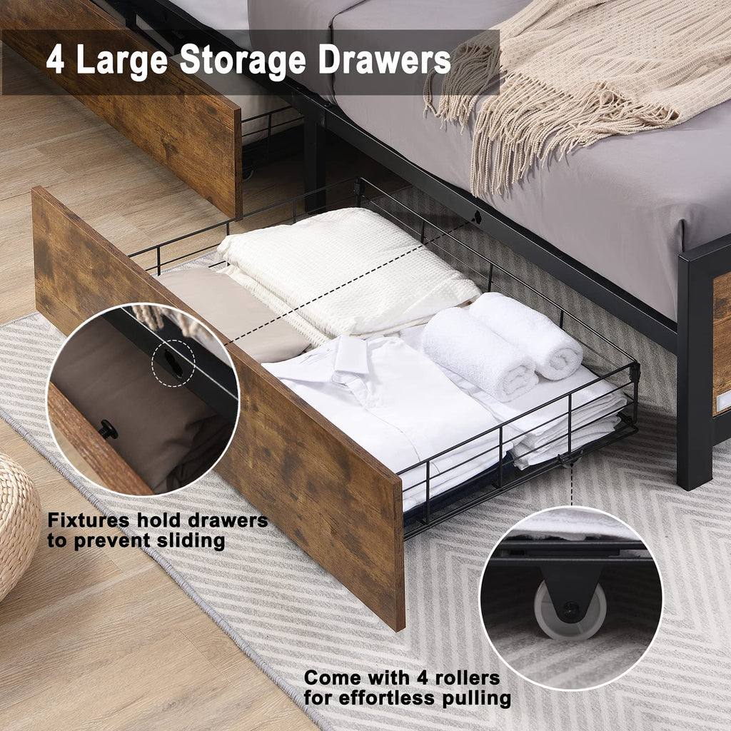 Farmhouse Bed Frame with Storage and 4 Drawers, Rustic Led Bed Frame with Headboard and Charging Station