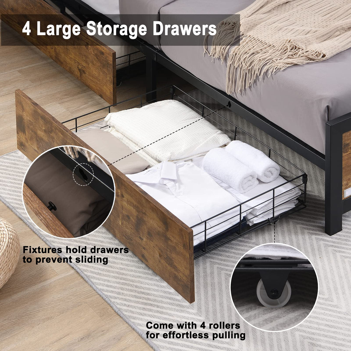 Farmhouse Bed Frame with Storage and 4 Drawers, Rustic Led Bed Frame with Headboard and Charging Station