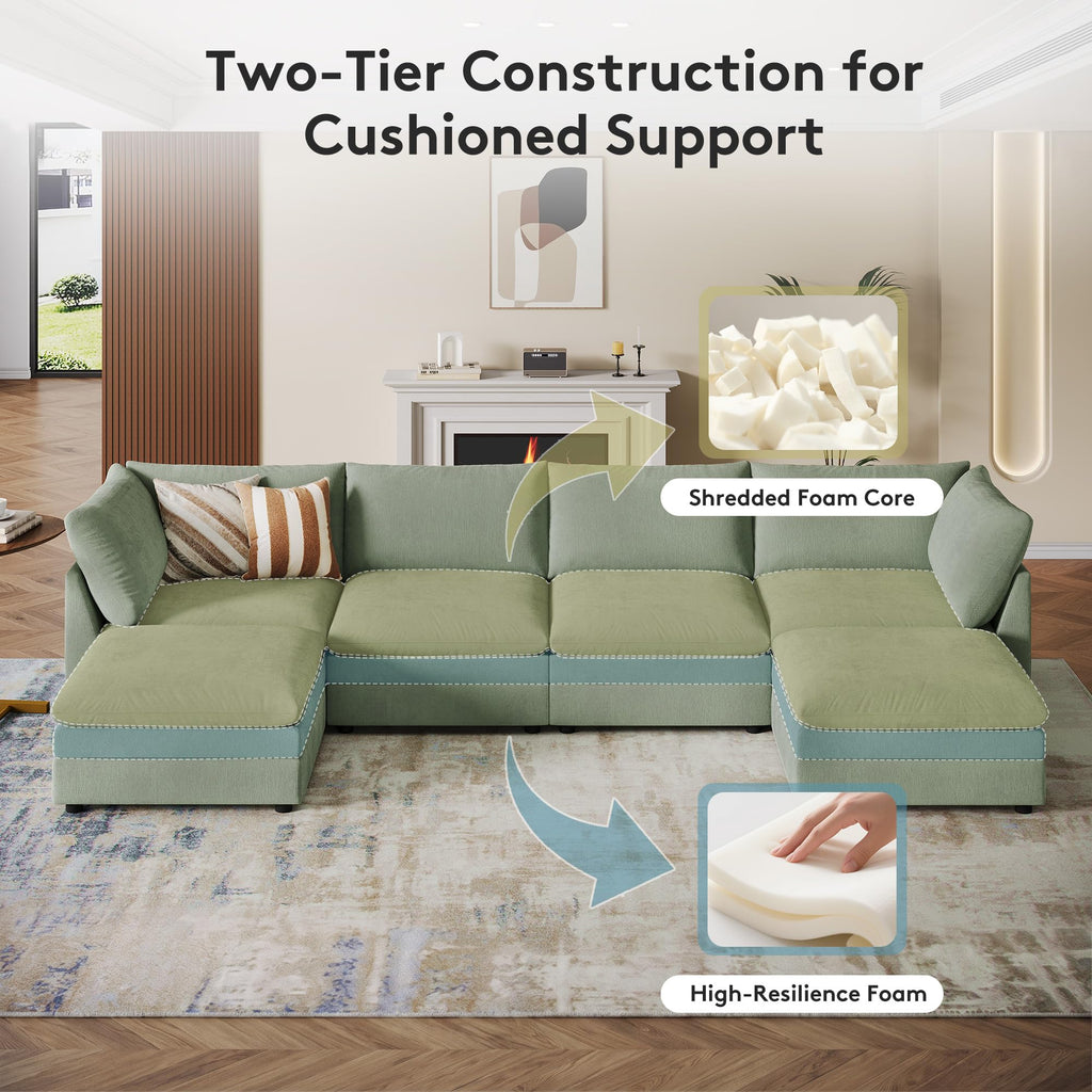 98" Large Cloud Modular Sectional Sofa with Ottoman, Sage Chenille