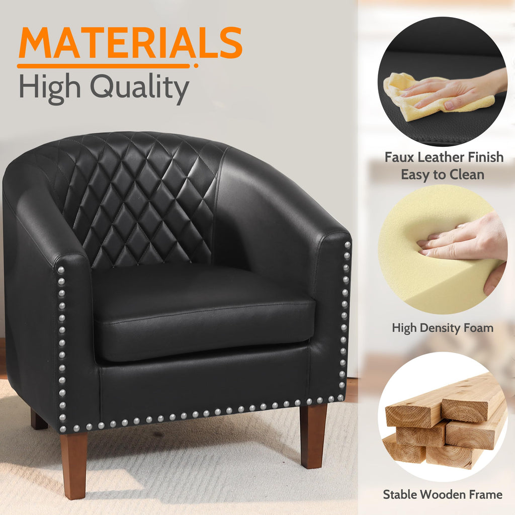 Barrel Chair, Comfy Accent Chair, Faux Leather Living Room Chairs Club Chairs with Cushion, Nailhead Trim and Diamond