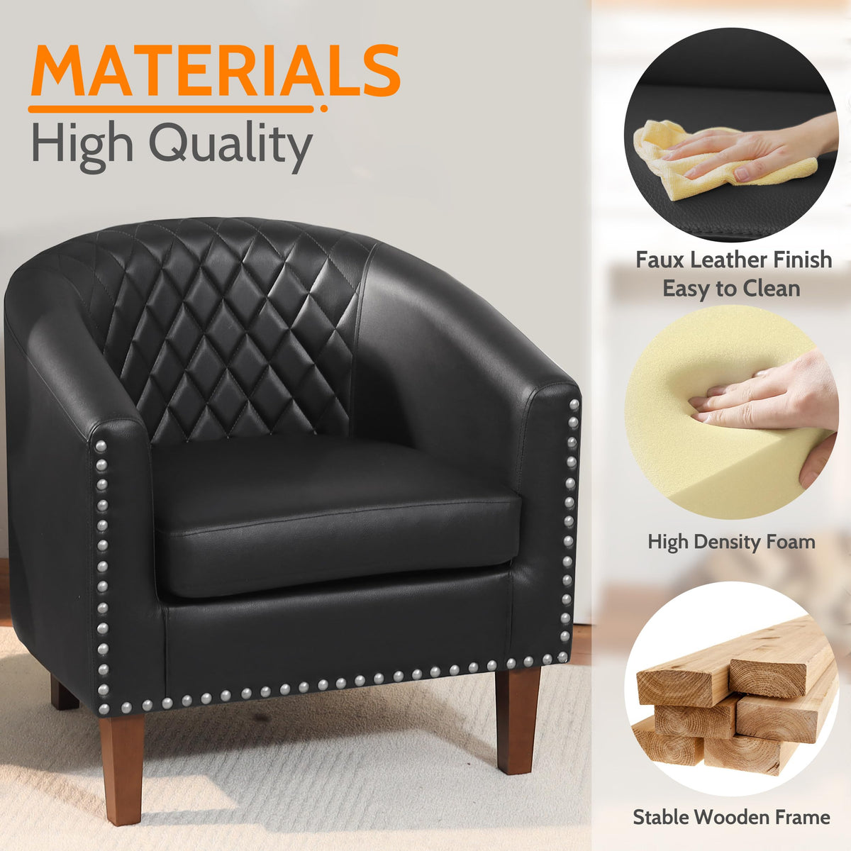 Barrel Chair, Comfy Accent Chair, Faux Leather Living Room Chairs Club Chairs with Cushion, Nailhead Trim and Diamond