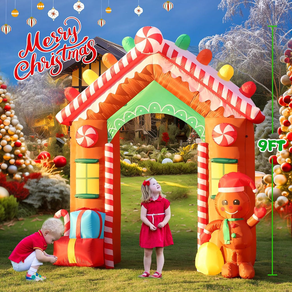 9 FT Christmas Inflatables Archway Outdoor Decorations, Gingerbread Man House Arch Blow Up Yard Decoration with