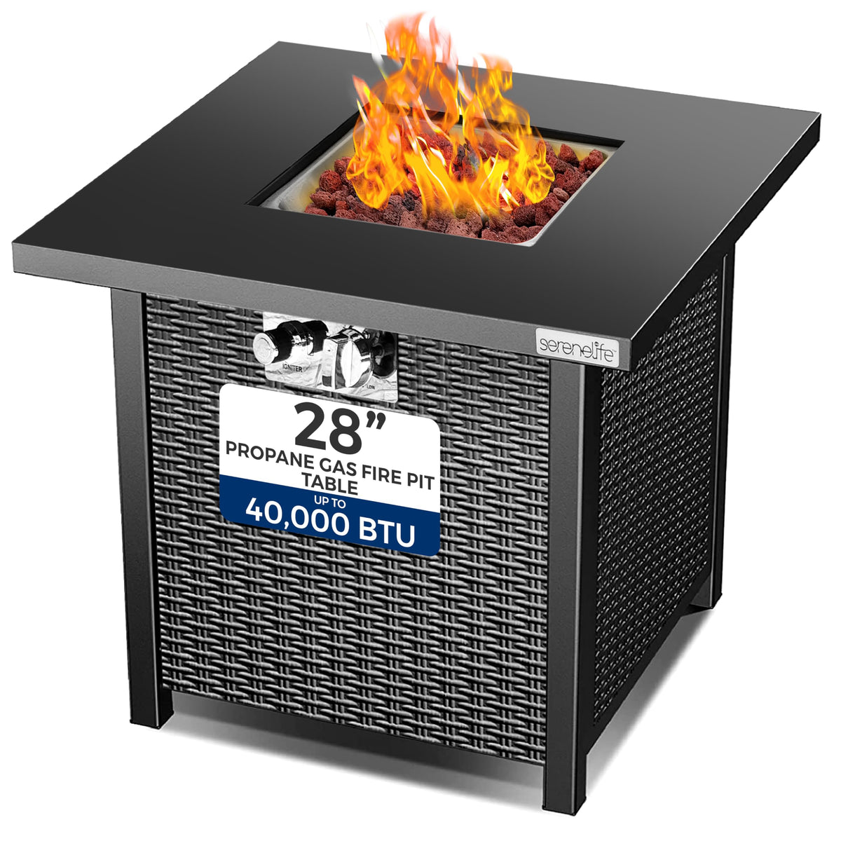 28" Propane Gas Fire Pit Table - 40, 000 BTU Outdoor Fireplace with Cover, Stainless Steel Burner & Control Panel