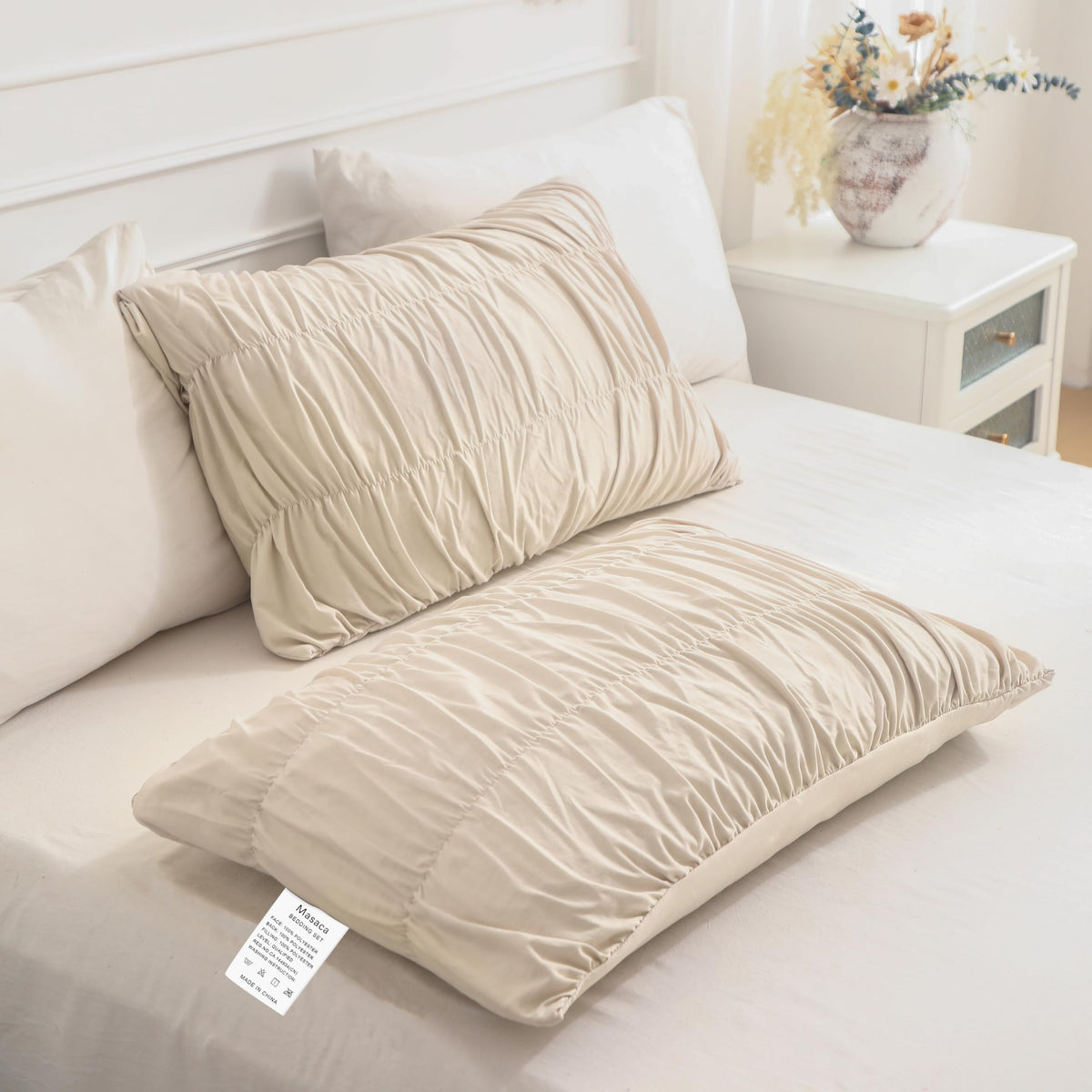 King Size Comforter Set(106"x95"), Wheat Ruched Bedding Comforter, Farmhouse Shabby Boho Chic Bedding 3 Pieces