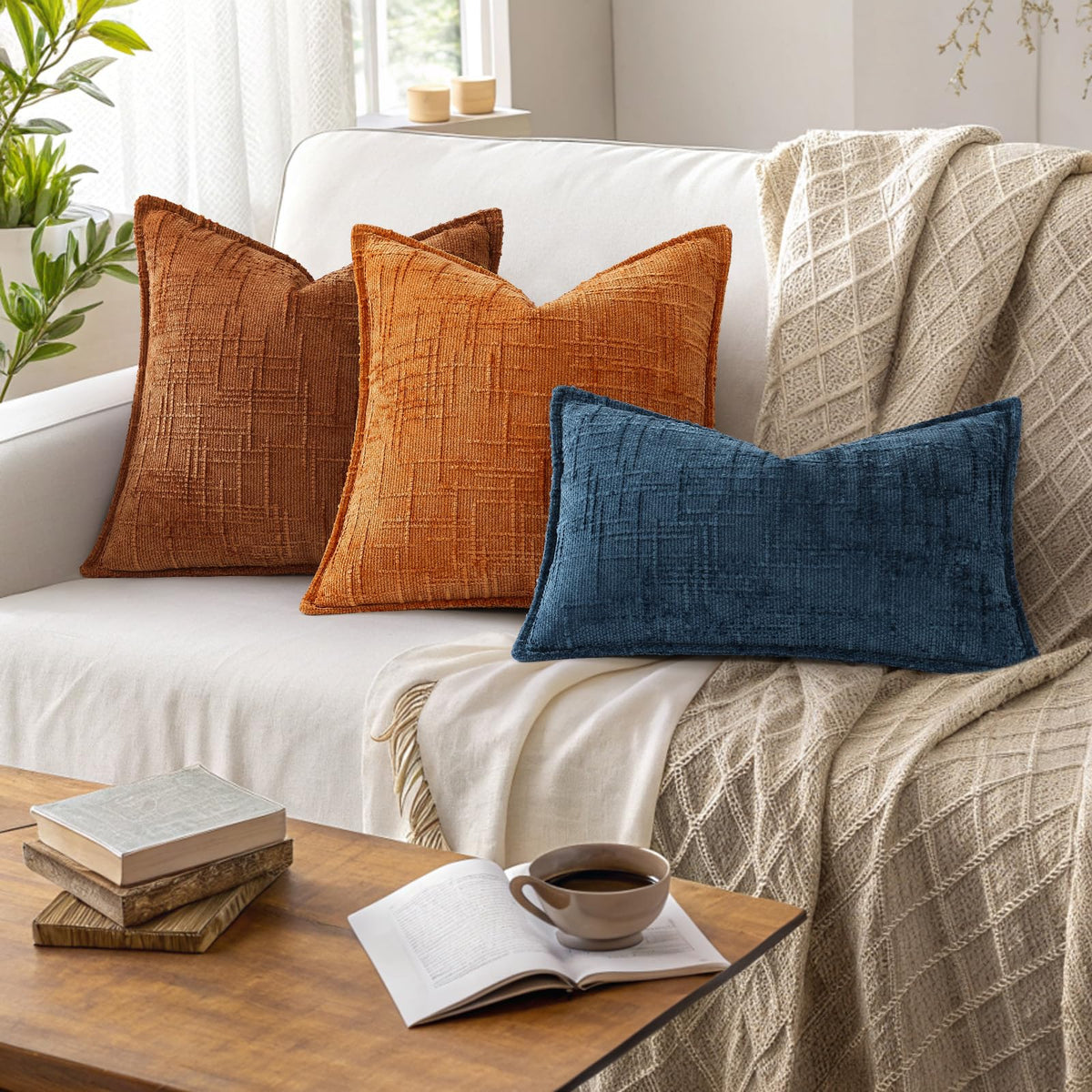Chenille Fall Throw Pillow Covers 22x22 Set of 2, Burnt Orange