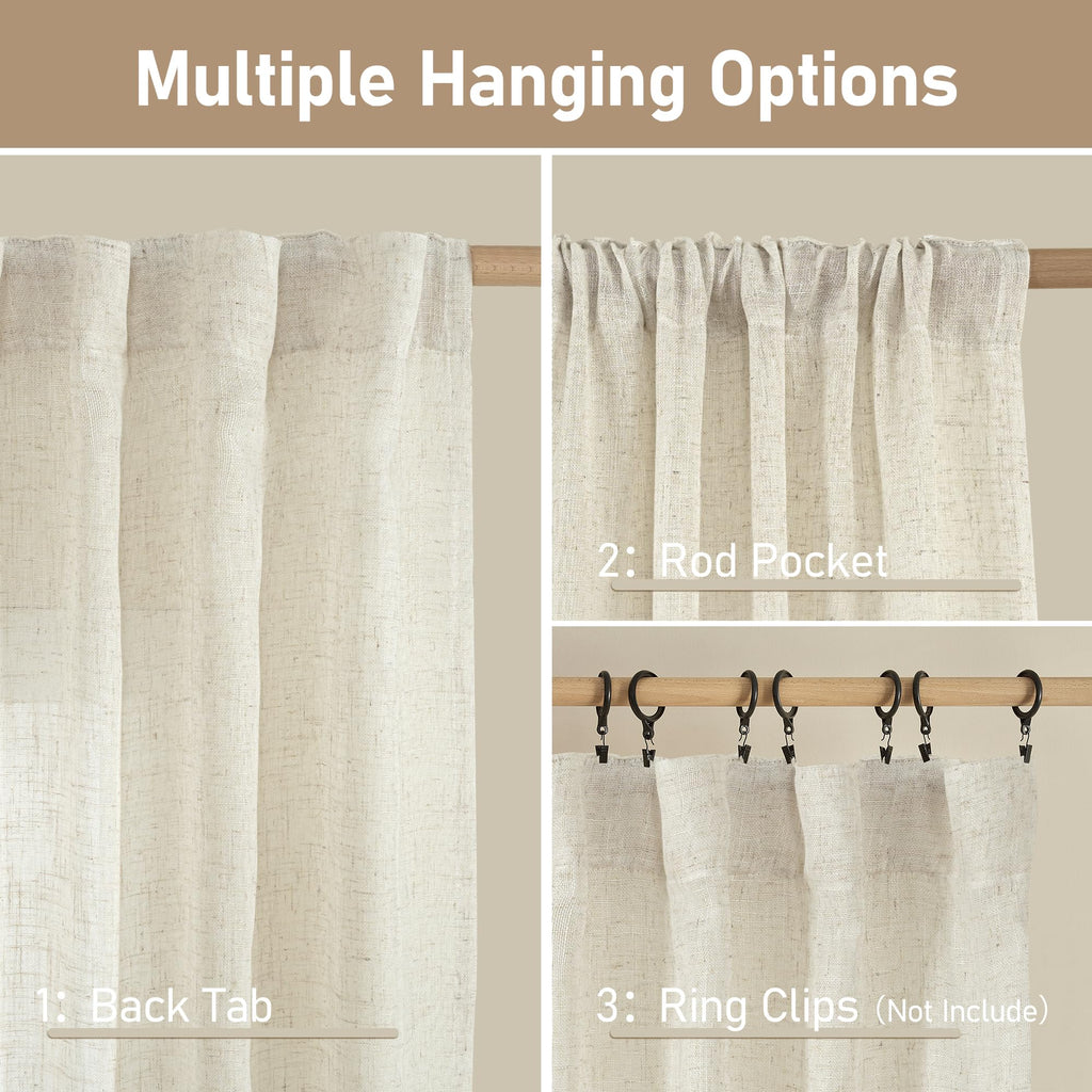 Linen Semi Sheer Curtains 96 inch Length 2 Panels Set Cream Ivory
