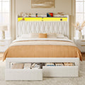 Full Bed Frame with Drawers, Storage Headboard with Charging Station and LED Lights