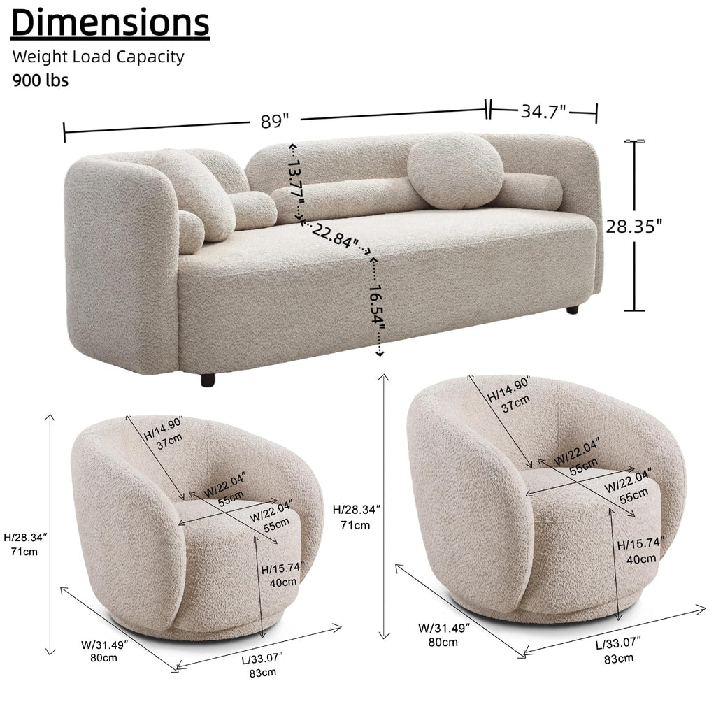 3-Piece Curved Sofa Set, Beige Boucle with Swivel Chairs