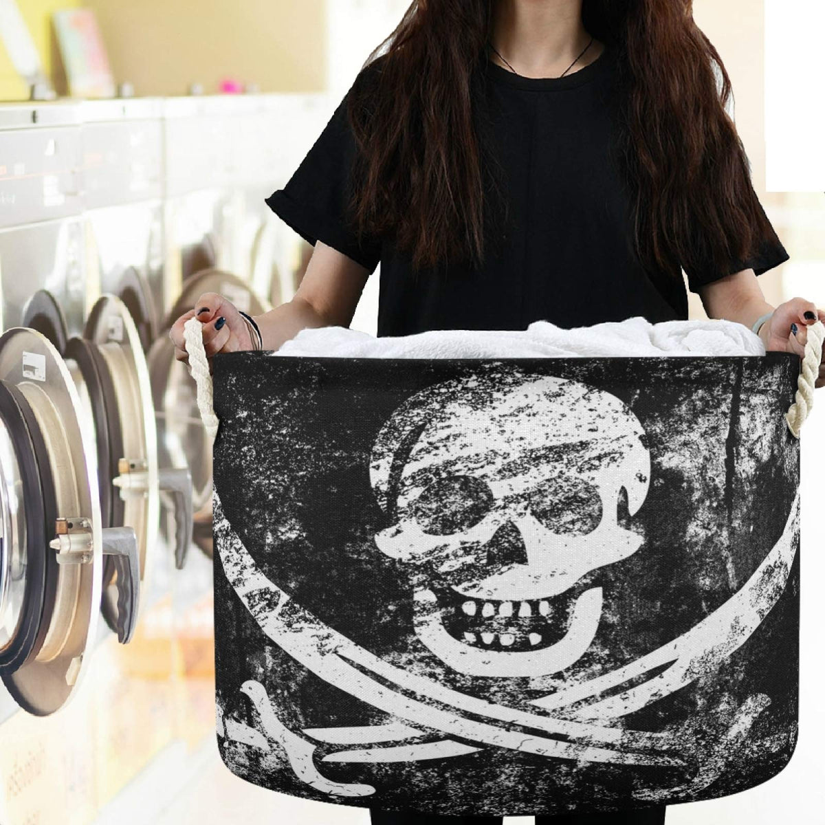 Collapsible Large Capacity Basket Vintage Skull Pirate Flag Clothes Toy Storage Hamper with Durable Cotton Handles