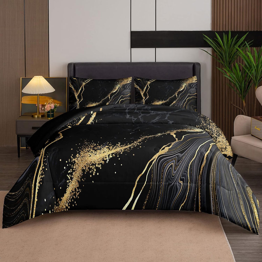 Marble Comforter Set Queen, Black and Gold Soft Microfiber Bedding with 2 Pillowcases