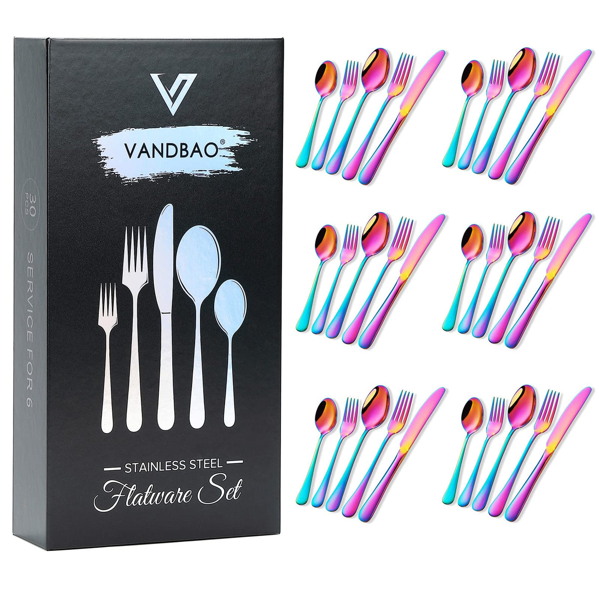 Rainbow Silverware Set Flatware Cutlery - 30 Pieces Stainless Steel Colorful Utensils, Tableware Set Service for 6