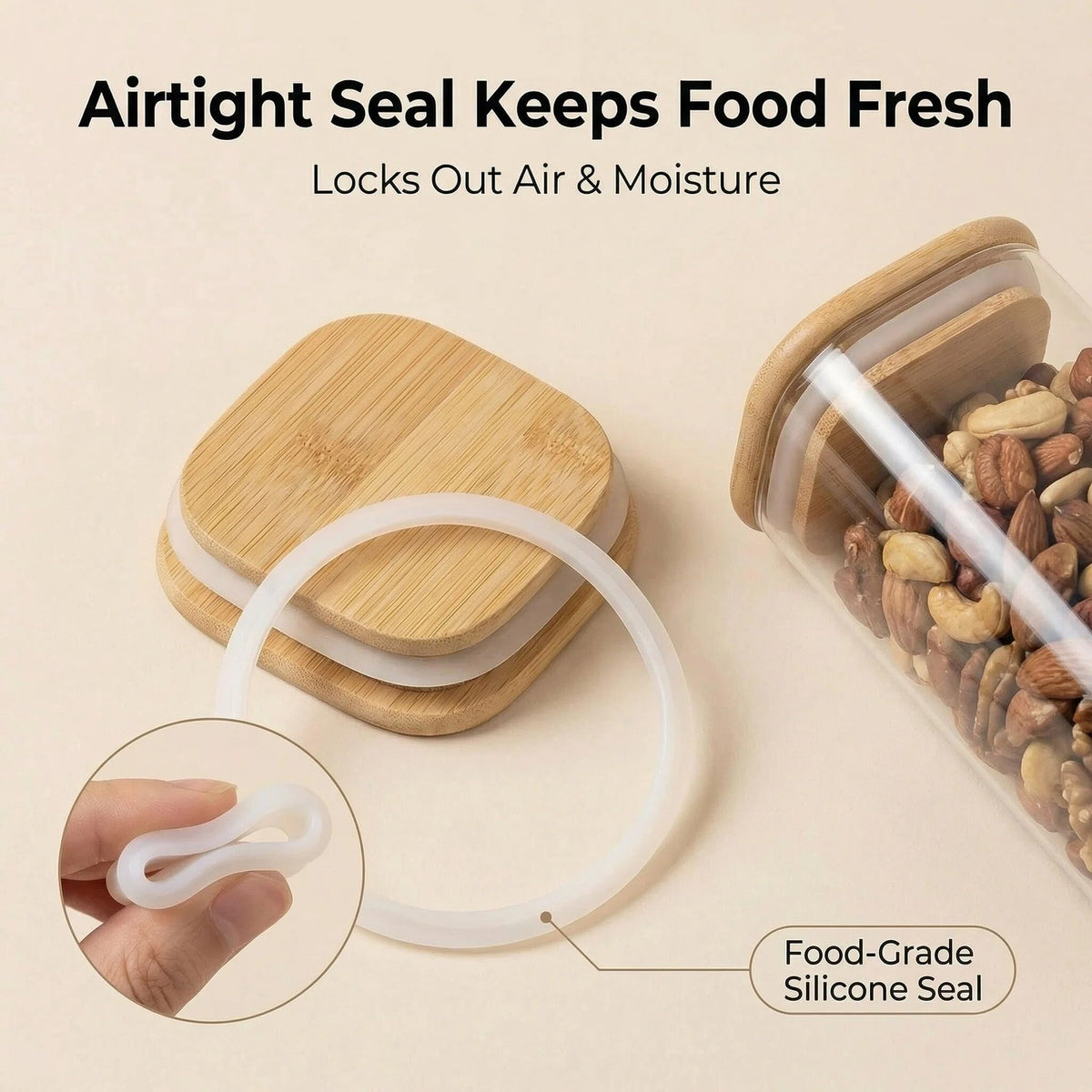 Airtight Glass Storage Containers with Lids Set of 6, 25 /37 /50oz Square Glass Jars with Bamboo Lids, Kitchen