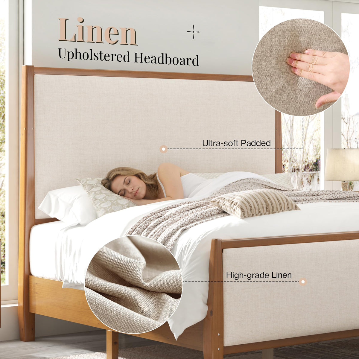 58" Tall Solid Wood California King Size Bed Frame with Upholstered Headboard & Footboard, Wooden Platform Bedframe